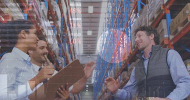 Depoda beşlik çakan çeşitli insanlar için istatistik ve finansal veri işleme resmi. küresel taşımacılık, iş ve veri işleme kavramı, dijital olarak oluşturulmuş görüntü.