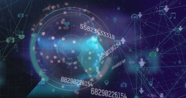 Sayılar ve çeşitli işaretlerle dönen üç boyutlu insan diyagramının görüntüsü. Dijital bileşik, teknoloji, iletişim, bağlantı, fütüristik, ağ oluşturma, geliştirme, çoklu pozlama.