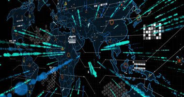 Uçan noktaların çizgiler oluşturması, soyut desenler, haritada siyah arkaplana karşı şekiller. Dijital olarak üretilmiş, hologram, küresel, aydınlık, iletişim ve teknoloji kavramı.