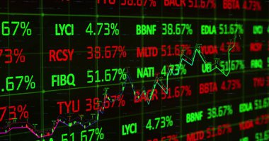 Kırmızı ve yeşil borsa verileri bir ızgara üzerinde işler ve işler durumda. Global, dijital arayüz teknolojisi ve ağ kurma kavramını dijital olarak üretilen imajı finanse eder.