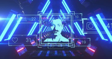 Sosyal medya tepkilerinin ve kullanıcı fotoğrafının neon ışıklardan oluşan bir tünel üzerindeki görüntüsü. İletişim, sosyal medya ve teknoloji konsepti, dijital olarak oluşturulmuş görüntü.