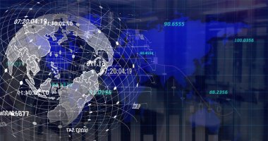 Mavi arkaplanda veri işleme resmi. Küresel iş ve dijital arayüz kavramı, dijital olarak oluşturulmuş görüntü.