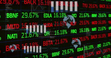 Küresel görüntüler, birden fazla grafik ve veri tabanı. Dijital olarak üretilmiş, hologram, rapor, finans, borsa, iş ve küreselleşme kavramı.