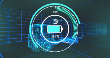 Dijital araba arayüzü ve 3 boyutlu araba modelinin veri işleme görüntüsü. Küresel mühendislik, dijital arayüz, iş, bilgisayar ve veri işleme kavramı, dijital olarak oluşturulmuş görüntü.