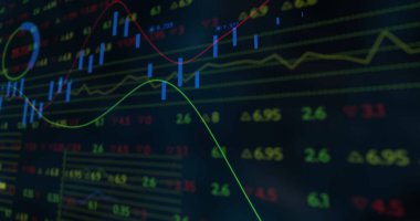 Veri işleme, diyagramlar ve kara fon üzerinden borsa görüntüsü. Küresel iş, teknoloji ve dijital arayüz kavramı, dijital olarak oluşturulmuş görüntü.