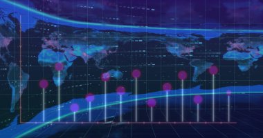 Dünya haritasında kara arkaplanda veri işleme resmi. Küresel teknoloji, bilgisayar ve dijital arayüz kavramı, dijital olarak oluşturulmuş resim.