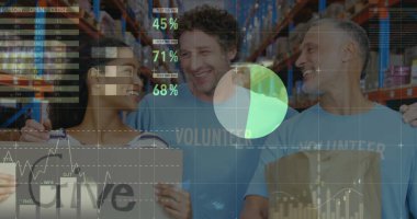 Mutlu kadın ve erkek depo çalışanlarından oluşan finansal grafikler. iş, finans ve dağıtım hizmetleri kavramı, dijital olarak oluşturulmuş görüntü.