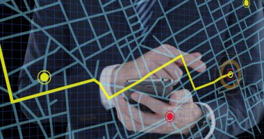 Navigation map line scheme against mid section of businessman using a smartphone. gps and navigation concept clipart