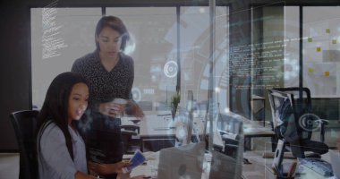 Ofiste çalışan iş adamlarının veri işleme ve kapsamı. Küresel hesaplama, finans, iş ve veri işleme kavramı, dijital olarak oluşturulmuş resim.