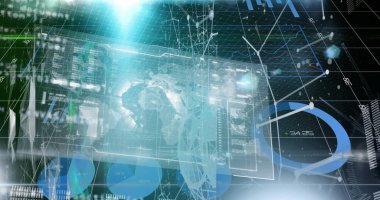 Hud ekran, küre, grafik, veritabanı ve şebeke modeline bağlı noktaların görüntüsü. Dijital olarak üretilen hologram, rapor, finans, iş dünyası, küreselleşme, iletişim ve teknoloji kavramı.