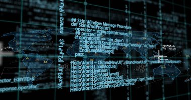 Siyah arkaplana karşı harita üzerinde programlama dili ve bilimsel formüllerin görüntüsü. Dijital olarak üretilmiş, hologram, küresel, kodlama, toplamlar, makine öğrenme ve teknoloji kavramı.