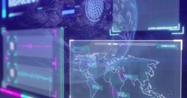 Ekranların üzerinde bilgisayar veri işleme resmi. Küresel iş, bağlantılar, hesaplama ve veri işleme kavramı, dijital olarak oluşturulmuş resim.