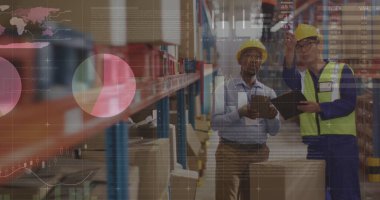 Depodaki çeşitli erkek işçilerin istatistiksel çizelgeleri. Küresel finans, istatistik, hesaplama ve veri işleme kavramı, dijital olarak oluşturulmuş resim.