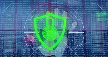 Mavi arkaplandaki veri işlemesine karşı elde tarama yapan güvenlik asma kilit simgesi resmi. Siber güvenlik ve iş ağı teknolojisi kavramı