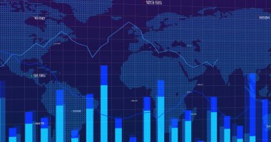 Digital interface with data processing over world map against blue background. Computer interface and technology concept clipart