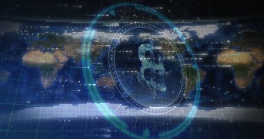 Siyah zemin üzerinde dünya haritası üzerinde tarama ve veri işleme alanı resmi. Küresel teknoloji, bilgisayar ve dijital arayüz kavramı, dijital olarak oluşturulmuş resim.