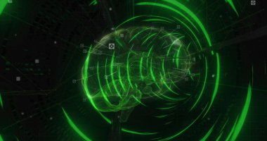 Neon halkalardan oluşmuş bir tünel görüntüsü ve siyah arka plandaki beyin. Bilim, insan biyolojisi ve hareket konsepti, dijital olarak üretilen görüntü.