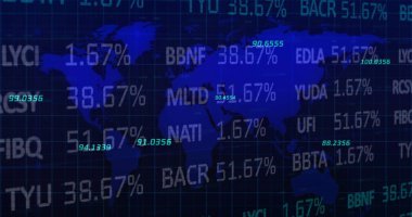 Dünya haritası üzerinde finansal veri işleme resmi. küresel finansman, iş dünyası, dijital arayüz ve teknoloji konsepti, dijital olarak oluşturulmuş görüntü.