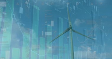 Bulutlu gökyüzüne karşı dönen yel değirmeninin üzerinde daireler ve grafikler yükleyen güvenlik duvarı simgesi. Dijital bileşik, çoklu pozlama, koruma, iş, ilerleme ve sürdürülebilir enerji kavramı.