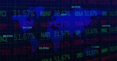 Dünya haritası üzerinde istatistik ve finansal veri işleme resimleri. küresel finansman, iş ve veri işleme kavramı, dijital olarak oluşturulmuş görüntü.