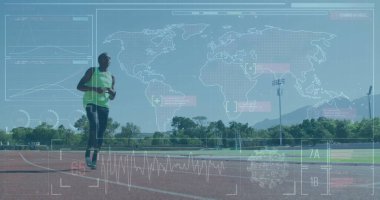 Stadyumda kılıç eğitimi almış Afro-Amerikan bir adamın dijital görüntüsü. Engellilik, aktif yaşam tarzı ve dijital arayüz kavramı, dijital olarak oluşturulmuş görüntü.