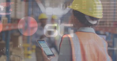 Depodaki Afrikalı Amerikalı işçilerin istatistik çizelgeleri. Küresel finans, istatistik, hesaplama ve veri işleme kavramı, dijital olarak oluşturulmuş resim.