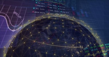 Grafikler, alım satım tahtaları ve soyut arka plandaki dünya üzerindeki bağlantılı noktaların görüntüsü. Dijital olarak üretilmiş, hologram, küreselleşme, rapor, iş ve borsa kavramı.