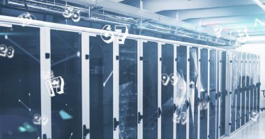 Bilgisayar sunucuları üzerinden veri işleme resmi. Küresel hesaplama ve veri işleme kavramı, dijital olarak oluşturulmuş resim.