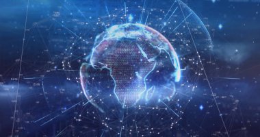 Parlayan mor ağ ile bağlantı ağının görüntüsü. Küresel iş ve dijital arayüz kavramı, dijital olarak oluşturulmuş görüntü.