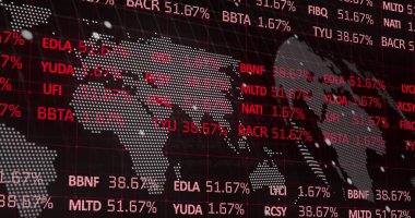 Dünya haritası üzerinde finansal veri işleme resmi. Küresel iş, finans, hesaplama ve veri işleme kavramı, dijital olarak oluşturulmuş resim.
