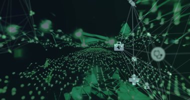 Bağlı şekillerin ızgarası üzerinde medya simgeleri ağı ve siyahın üzerinde parlayan veri ışıkları. Veri, ağ, bağlantı ve iletişim dijital olarak oluşturulmuş görüntü.
