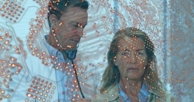 Kafkas erkek doktorun kadın hastayı kontrol ettiği entegre devre görüntüsü. Sağlık, tıp ve teknoloji kavramı, dijital olarak üretilen görüntü.