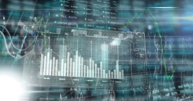 Izgara şebeke üzerinde çoklu grafiklerle bağlantılı noktaların resmi. Dijital olarak üretilmiş, hologram, borsa, yatırım, rapor, finans, aydınlanma ve teknoloji kavramı.