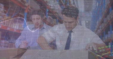 Depodaki beyaz erkek işçilerin istatistiksel çizelgeleri. Küresel finans, istatistik, hesaplama ve veri işleme kavramı, dijital olarak oluşturulmuş resim.