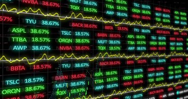 Şebeke üzerinde finansal veri işleme resmi. Küresel iş, finans, hesaplama ve veri işleme kavramı, dijital olarak oluşturulmuş resim.