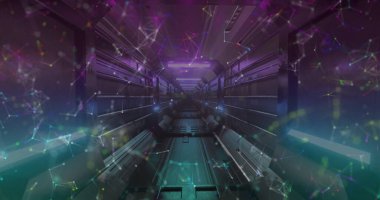 Parlak neon tüneldeki bağlantıların ağı kusursuz desende. Küresel ağ ve teknoloji kavramı