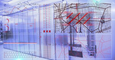 Bilgisayar sunucuları üzerinde matematik denklemleri ve veri işleme resmi. Küresel hesaplama ve veri işleme kavramı, dijital olarak oluşturulmuş resim.