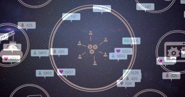 Sosyal medya simgeleri ve numaralarından oluşan parlayan ışığın görüntüsü. küresel sosyal medya, bağlantılar ve veri işleme konsepti, dijital olarak oluşturulmuş resim.