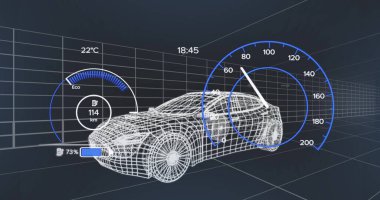 Donanma arka planında elektrikli araba projesinin üzerindeki hız göstergesi. elektrikli arabalar, eko güç, sürdürülebilirlik ve teknoloji konsepti, dijital olarak üretilen görüntü.