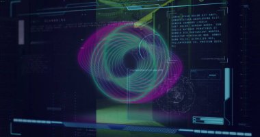 Sunucu odasındaki daire ve veri işleme resimleri. Küresel iş ve dijital arayüz kavramı, dijital olarak oluşturulmuş görüntü.