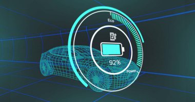 Grafik ekranında şarj işareti olan 3D kablo çerçeveli elektrikli arabanın resmi. Dijital bileşik, teknoloji, otomobil, fütüristik, ulaşım, sürdürülebilir enerji, yakıt ve güç kavramı.