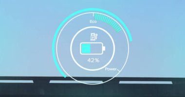 Mavi arka planda arabaların olduğu batarya seviyesi görünüyor. elektrikli arabalar, eko güç, sürdürülebilirlik ve teknoloji konsepti, dijital olarak üretilen görüntü.