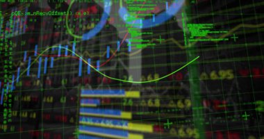 Arka plandaki yüksek binalar için finansal ve istatistiksel veri işleme. küresel finans ve iş kavramı