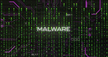 Devre kartında kötü amaçlı yazılımın resmi ve ikili kodlama veri işlemesi. Küresel çevrimiçi güvenlik, siber suç, bilgisayar ve veri işleme kavramı, dijital olarak oluşturulmuş görüntü.