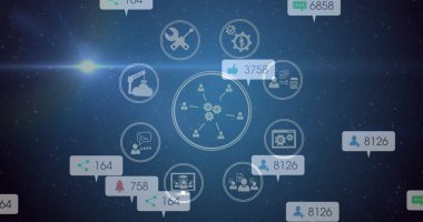 Sosyal medya simgeleri ve numaralarının resmi. küresel sosyal medya, bağlantılar ve veri işleme konsepti, dijital olarak oluşturulmuş resim.