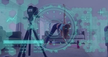 Beyazlı bir kadının egzersiz yapıp, fitness vlog 'unu kaydettiği görüntü. Genel çevrimiçi vloglama, fitness, dijital arayüz ve bağlantılar konsepti, dijital olarak oluşturulmuş resim.