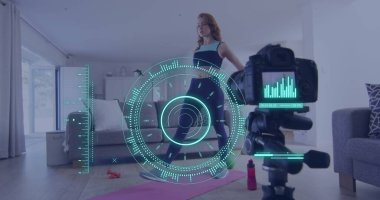 Beyazlı bir kadının egzersiz yapıp, fitness vlog 'unu kaydettiği görüntü. Genel çevrimiçi vloglama, fitness, dijital arayüz ve bağlantılar konsepti, dijital olarak oluşturulmuş resim.