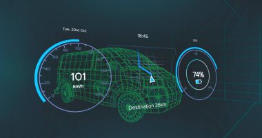 Siyah arkaplandaki minibüs projesi üzerinde hız göstergesi ve güç seviyesi resmi. Yeşil enerji, elektrikli arabalar, tasarım ve teknoloji konsepti, dijital olarak üretilen görüntü.