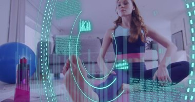 Kafkasyalı bir kadının egzersiz yapması ve evde esnemesi üzerine veri işleme imgesi. Küresel fitness, dijital arayüz ve bağlantılar konsepti, dijital olarak oluşturulmuş görüntü.