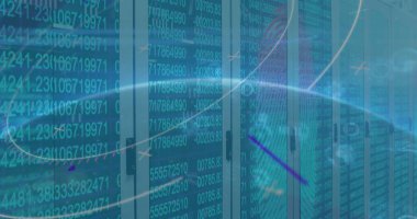 Küresel ve mavi arka planda finansal veri işleme görüntüsü. Küresel finans ekonomisi ve teknoloji kavramı, dijital olarak üretilen görüntü.